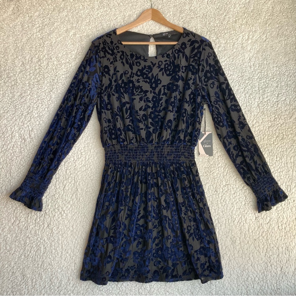 NWT gibson X Glam Women's black with blue velvet floral print dress, Sz M - Picture 5 of 17